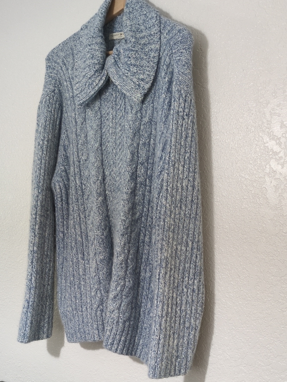 Tommy Hilfiger Light Blue Marled Cable-Knit Collared Sweater